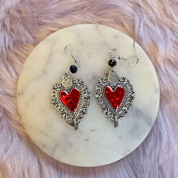 Victorian/Gothic Milagro Corazón Dangle Earrings – Crimson Sacred Heart/Flame - Picture 2 of 5